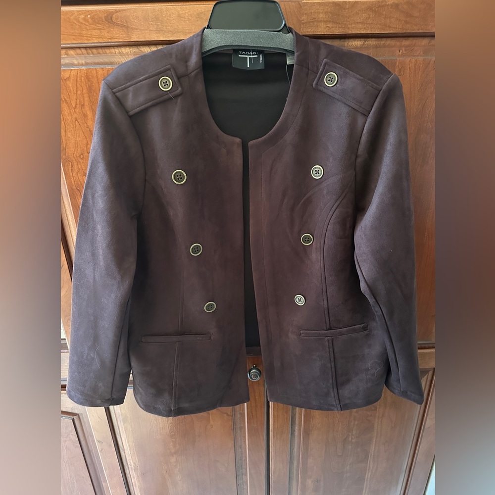 Tahari Women's Faux Leather Suede Jacket Brown, Open Front, Plus Size 2X